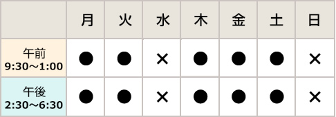 診療時間　午前9：30～1：00　午後：2：30～6：30