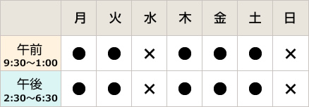 診療時間　午前9：30～1：00　午後：2：30～6：30